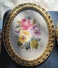 2 Vintage Framed Oval Needlepoint Pictures Flowers Floral Roses Cottagecore Gold