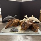 Set Of 2 Vtg 1980s John Perry Dolphin Sculpture Driftwood Burl Wood Base