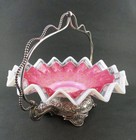 Antique Pink Art Glass  Bride s Basket Bowl - Opalescent Zig Zag Edge - Meriden