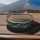 Vintage Navajo Sterling Silver Turquoise   Red Coral Shadow Box Cuff Signed P l 