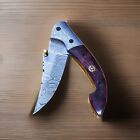 Quality Handmade Damascus Steel Pocket Knife   With Genuine Leather Case