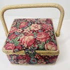 Vtg Floral Wicker Sewing Storage Basket With Handle Pink Green Square Unused