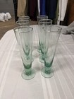 Set Of 6 Hand Blown Green Footed Pilsner Beer Glasses Tall Barware