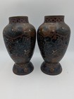 Antique Japanese Meiji Period Cloisonne Vase Pair Floral Black Ground 8  As-is