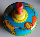 Mcm Ohio Art Tin Lithograph Spinning Toy Top Tiger Elephant Giraffe 1950s Vintag