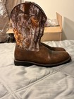 Men   s Brown Leather Western Pull-on Boots Camo Mid-calf Shaft Lug Sole
