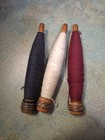 3 Vintage Wooden Spools Textile Mill Thread Bobbins Spindles W yarn