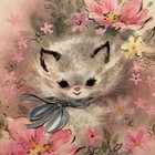 Vtg 1950s Happy Birthday Card White Kitten Cat Pink Flowers Clear Glitter Deckle