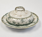 John Maddock   Sons Hamilton Round Covered 3-pc Butter Dish Green Transferware