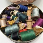 Vintage Wooden Spools With Thread   Other Vintage Sewing Notions In Large Tin