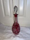 Vtg  Bohemian Cranberry To Clear Cut Glass Decanter W stopper