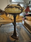 Gustav Gurschner  Figural Art Nouveau  Loetz Glass Shade  Platina Bronze Lamp