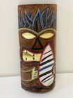 Hand Carved Painted Wood Tiki Tribal Wall Mask Brown Blue White 11 5 In