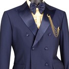 Vinci Men s Navy Blue Double-breasted Modern Fit Tuxedo W  Flex Waist New
