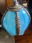 Reclaimed 5 Panel Blue Slag Glass Pendant Tulip Shade Light Fixture  Free S h