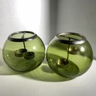 Pair Mid Century Modern Style Green Glass Orb Tea Light Candle Holders Decor