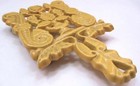 Antique Enamel Cast Iron Trivet Yellow Folk Art Rubber Feet  103
