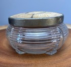 Glass Vanity Powder Jar With Ornate Metal Lid   Romantic Scene 1930s