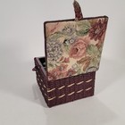 Vtg Woven Wicker Sewing Basket Box Plastic Insert Square 9 5  Burgundy Tapestry