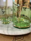 Vintage Green Glass Pitcher jug   4 Glasses Set Gold Floral Pattern Retro 1970s