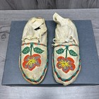 Antique Circa 1900 Northern Plains Beaded Moccasins Teal Orange Flower Rare
