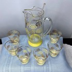 Vintage Mcm Yellow Gold Swirl Glass Pitcher And 6 Tumbler Set With Stirrer