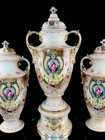 Antique English Alton Ware Urns Set Hand Painted Roses Gilded Porcelain Vase Set