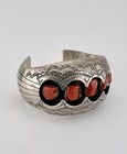 Vtg P Benally Navajo Sterling Silver Red Coral Shadowbox Stamped Cuff Bracelet