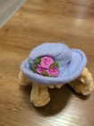Vintage Avon Teddy Bear Plush 5  Purple Hat Bonnet In Floral Round Hat Box 90s
