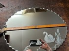Vintage art Deco Oval Wall Mirror Scalloped Edge   Etched Swan On A Pond