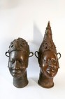 Pair Of Vintage Benin Bronze Iyoba And Oba Heads African Art Nigeria