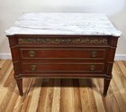 Pair French Style Nightstand Chest Louis Xvi Mahogany Bronze Marble Top Commode