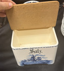 Vtg German Delft Blue White Ceramic Wall Salt Box Wooden Lid Windmill  salz 