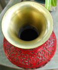 Vtg 12 5  Hand Carved Red Floral Cinnabar Style Chinese Lacquer Vase Brass Liner