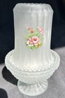 Vintage Frosted Satin Glass Fairy Lamp Applied Pink Flowers With Hobnail Base