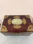 Vintage Chinese Rosewood Jewelry Box With Carved Jade Centerpiece   Brass Moths