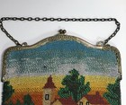 Antique Scenic Beaded Purse W  Tassels   Silver Tone Floral Frame