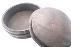 Antique Leather On Wood Round Box 6  Ornate Carved Lid Jewelry Trinket Case L4