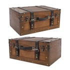 Vintage Distressed Wooden Storage Trunk With Textured Leather Handle For Mult   