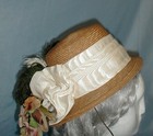 Rare Tall Crown Antique Hat Victorian 1870 Beige Straw Floral And Feather Trims