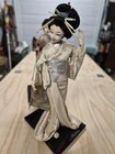 Japanese  23  Geisha Doll Figure In Silver Kimono On Black Base