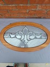 Vintage Stained Glass Panel Oval Wood Frame Fleur Style Hanging 26x15