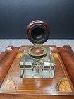Antique Ink Well Cut Glass Wood Mounted With Brass Hardware Inlayed Desk Piece