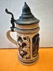 Vintage German Style Beer Stein Pewter Lid Hand Painted Relief Couple Scene