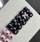      Custom Press On Nails Pink Black Polka Dots  Bow 10p Set W Kit