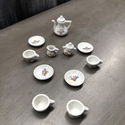 Vintage Child s Tea Set Play Dishes Plates Cups Kettle Floral Flower Basket