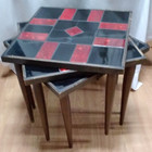 Mid Century Mcm Stacking Red   Black Mosaic Tiled Occasional Tables  walnut Wood