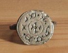 Medieval Christian Ring  Billon Silver  Cross And Symbols On Bezel  Authentic