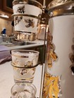 Vintage Glass Decanter Set W  Stopper  6 Shot Glasses   Metal Rack Floral