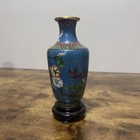 Vintage Chinese Cloisonn   Enamel Vase Blue Floral Butterfly W  Wood Stand